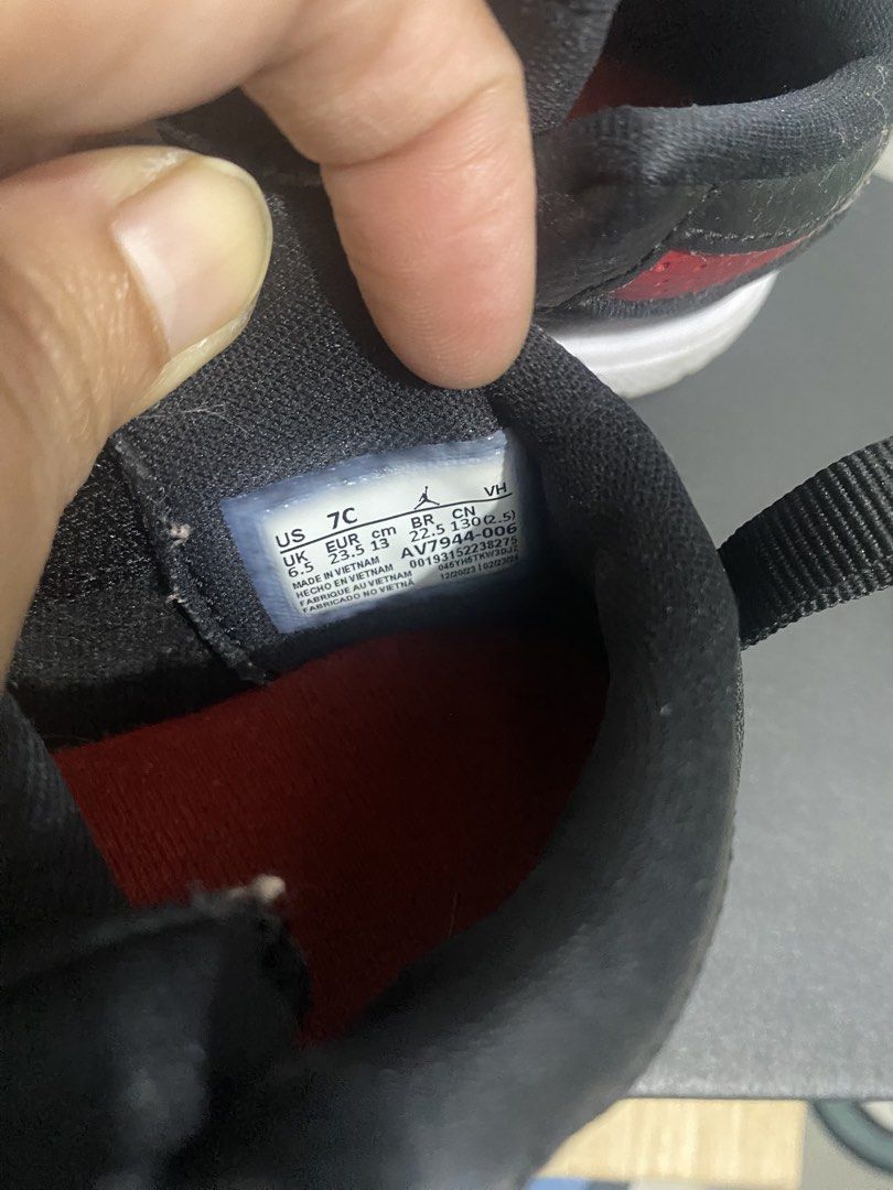 Jordan 1 Toddler Shoes Size 7C (Category: Babies & Kids Fashion) located in Cavite. Submitted by laliswagg (Listing ID 1451070561, Image 3). Description: - Toddler Jordan 1 Shoes - Color: Black and Red - Size: 7C - Includes Original Box - Ideal for toddlers learning to walk or run - Easy to put on and take off.