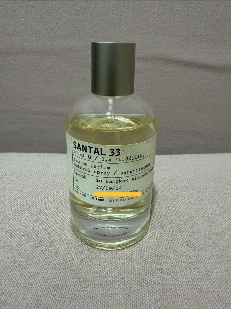Le Labo Santal 33 Eau de Parfum 100ml (Category: Fragrance & Deodorants) located in Mandaluyong City. Submitted by getbounced (Listing ID 1451073137, Image 1). Description: - Authentic Le Labo Santal 33 Eau de Parfum - 100ml bottle - Natural spray - Purchased at Bangkok Airport on 27/09/24 - Clear bottle with yellow-tinted liquid - Silver cap with 'LE LABO' embossed - Highly sought-after, great scent! - fixed price.