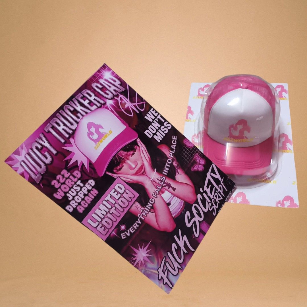 Lucy Trucker Cap Limited Pieces (Category: Caps & Hats) located in Manila. Submitted by 222worldph (Listing ID 1451039042, Image 2). Description: - Limited Edition Lucy Trucker Caps - Brand: 222 World - Color: Pink and White - Packaging: 'Fuck Society Script' - Ideal for fans of the brand - Get them before they sell out!.