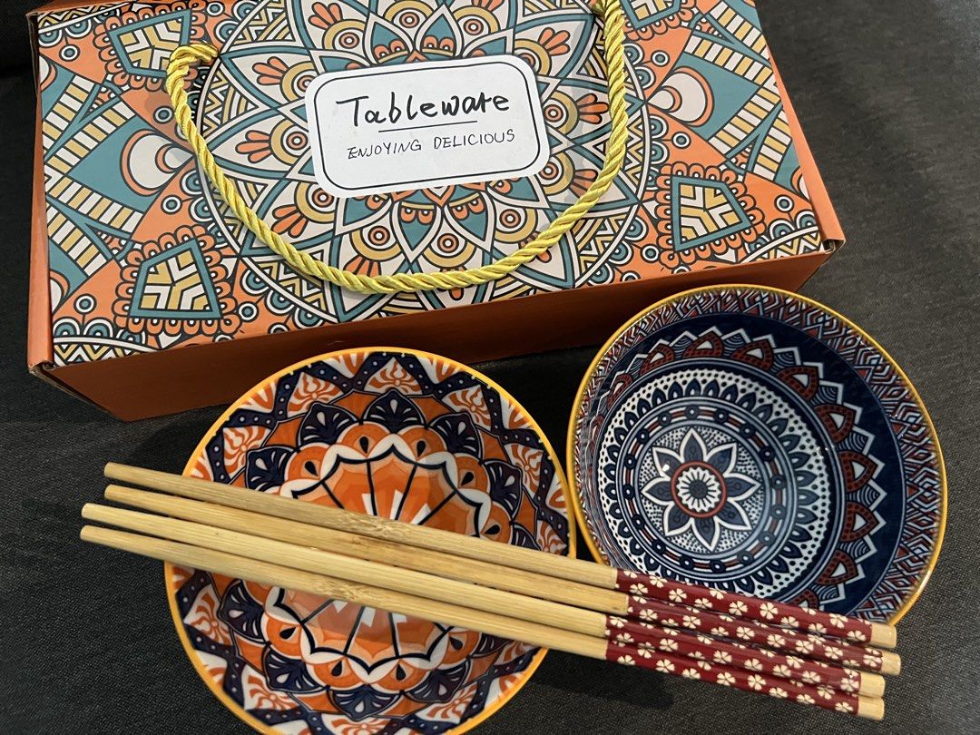 Mandala Design Ceramic Bowl and Chopstick Set