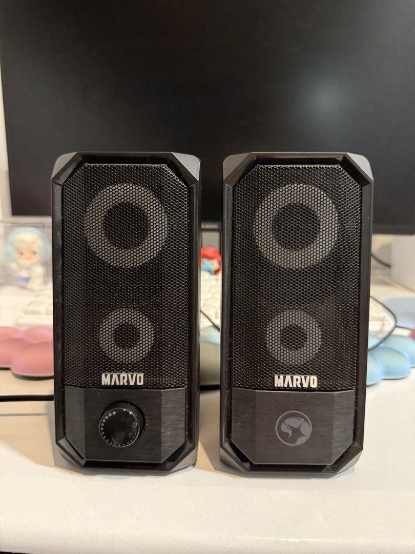MARVO RGB Computer Speakers with Volume Knob (Category: Soundbars, Speakers & Amplifiers) located in Quezon City. Submitted by deporky (Listing ID 1451068566, Image 3). Description: - MARVO Computer Speakers - Vibrant RGB lighting that cycles through colors - Convenient front-facing volume knob - Ideal for gaming and music listening - Tested and confirmed working - All necessary cables included.