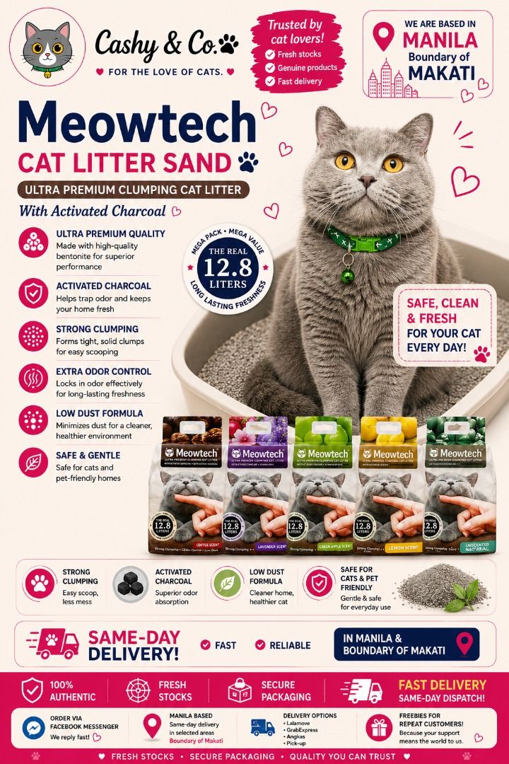Meowtech Ultra-Premium Clumping Cat Litter Sand (Lavander) (Category: Homes & Other Pet Accessories) located in Makati City. Submitted by tramda (Listing ID 1451083911, Image 1). Description: P520 - Manila area near Makati - Ultra premium clumping cat litter - Made with high-quality bentonite - Activated charcoal for superior odor control - Forms tight, solid clumps for easy scooping - Low dust formula for a cleaner environment - Safe for cats an