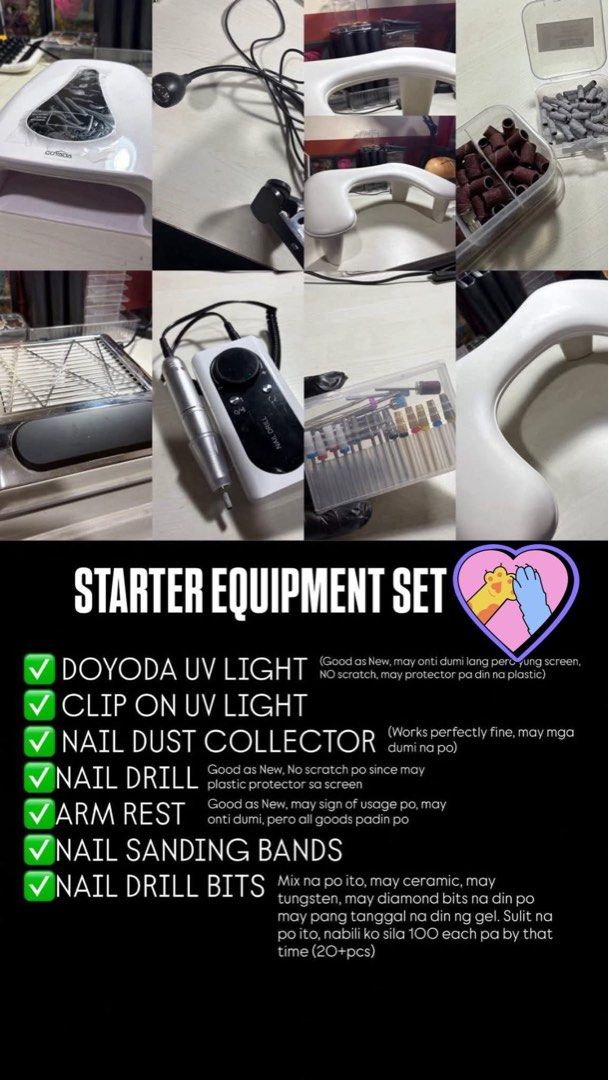 NAIL EXTENSION SUPPLIES SET (TAKE ALL) (Category: Hands & Nails) located in Manila. Submitted by naileditbydane (Listing ID 1451006711, Image 2). Description: Quit na po ng Business, Some are brandnew some are used, nasa photos naman po lahat ng details. 35k worth of supplies and equiments na po yan. From 15k to 10500 nalang po. TAKE ALL LANG PO. sobrang ayos po ito para sa mag start palang ng nail business po. Get niyo na please! Location: Noval