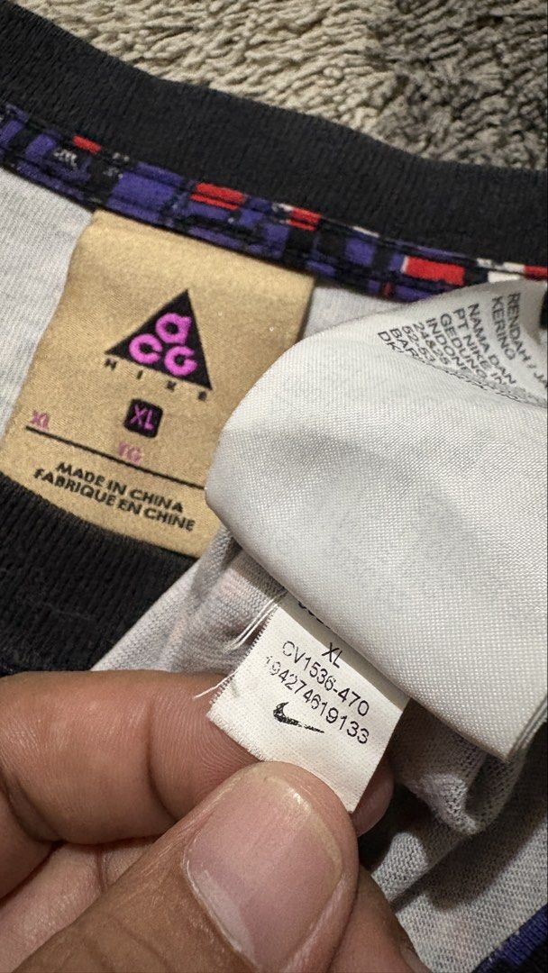 Nike acg geometric pattern aop (Category: Tshirts & Polo Shirts ) located in Iloilo. Submitted by randomstash (Listing ID 1451074832, Image 3). Description: Nike acg geometric pattern all over print Size XL on tag fits L 22/29 excellent used condition Minimal neck fade 249 + SF.