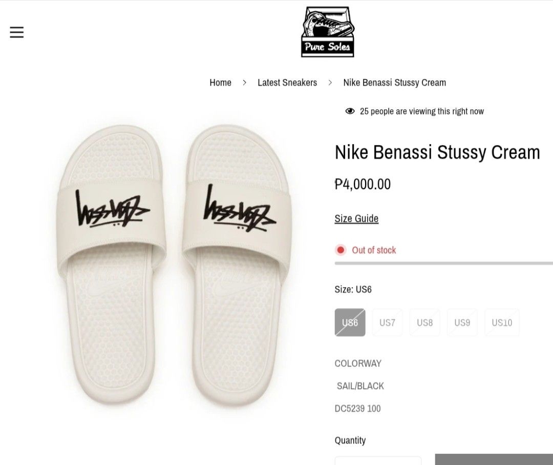 Nike Benassi Stussy Cream Slides (Category: Slippers & Slides) located in Bago City. Submitted by louielinco (Listing ID 1450936404, Image 1). Description: - Cream Nike Benassi Slides - Stussy Collaboration - Size: US 10 - Colorway: Sail/Black - Model: DCS239-100 - Ideal for casual wear.