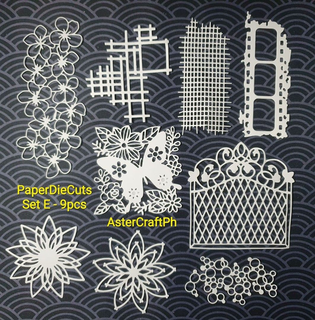 AsterCraftPh_Paper DieCuts Set E - 20pcs (Category: Craft Supplies & Tools) located in Calamba. Submitted by astercraftph (Listing ID 1450944012, Image 1). Description: - Inclusion: 9 designs x2 paper die-cuts (18pcs/set) - Cardstock: 180-220gsm - Available in various colors - Features delicate, lacy edges - Various shapes and sizes - Ideal for scrapbooking, card making, and other paper crafts - Brand: AsterCraftPh.