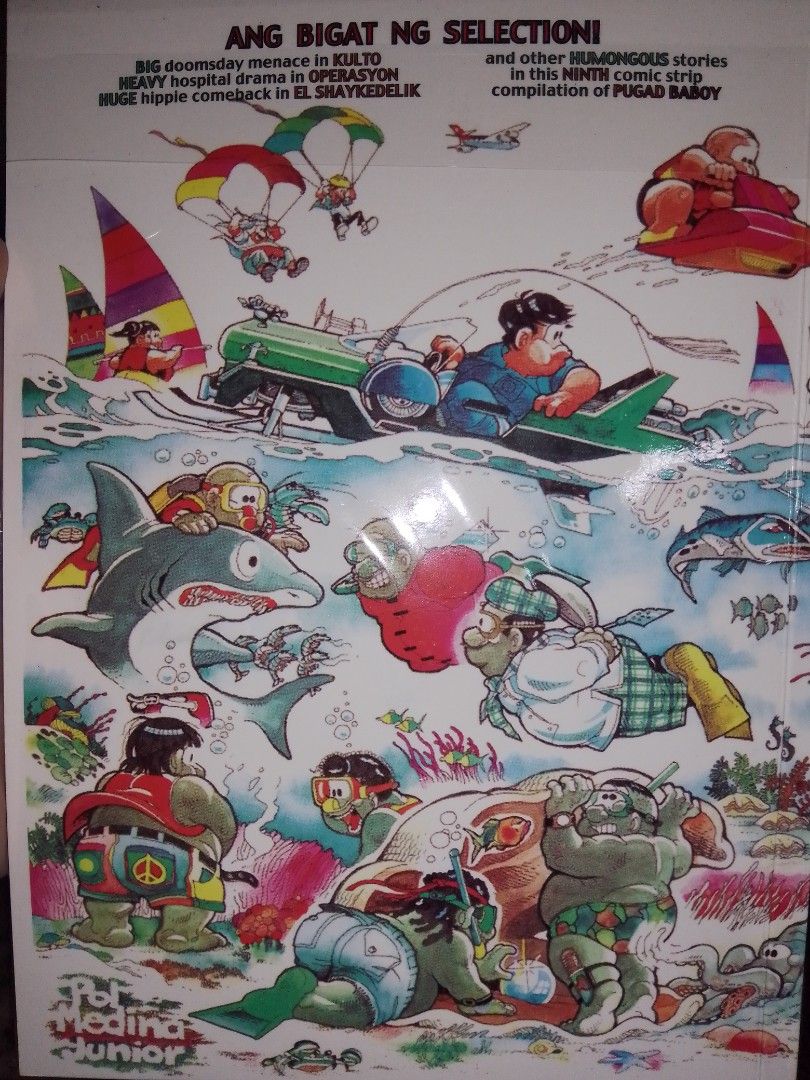 Pugad Baboy 9 by Pol Medina Jr. (Category: Comics & Manga) located in Manila. Submitted by alanty67 (Listing ID 1451020549, Image 2). Description: Brand New Copy of Pugad Baboy 9. Includes stories such as 'Ang Bigat ng Selection!', 'Big Doomsday Menace in KULTO', 'Heavy Hospital Drama in OPERASYON', and 'Huge Hippie Comeback in El Shaykzedelik'. .