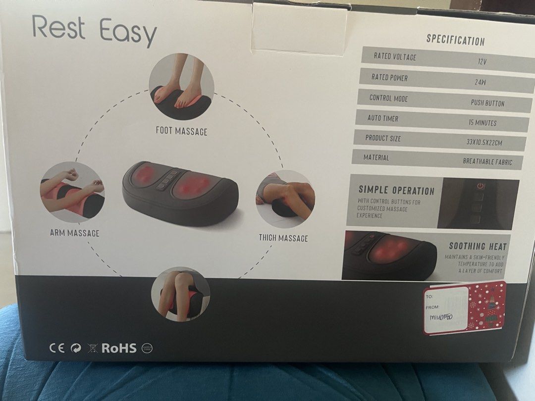 Rest Easy Foot Massager Heat & Air Wave Pulse (Category: Massage Devices) located in Dasmarinas. Submitted by nylaneg (Listing ID 1451063400, Image 1). Description: - Soothe tired muscles with the Rest Easy Foot Massager. - Features soothing heat and invigorating air wave pulse. - Versatile massage for feet, arms, and thighs. - Simple operation with easy-to-use push buttons. - Built-in 15-minute auto timer for safety and convenience. - Made with 