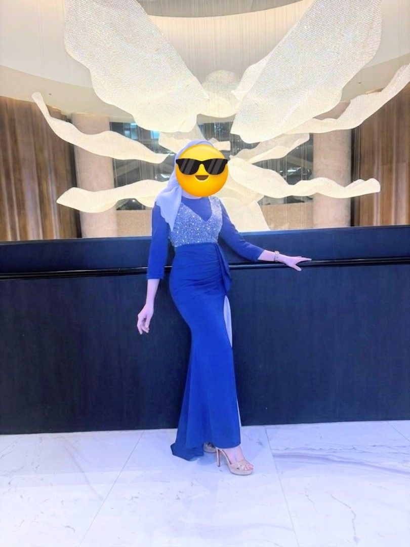 Royal Blue Embellished V-Neck Evening Gown with Slit (Category: Evening Dresses & Gowns) located in Seremban. Submitted by aswadmia (Listing ID 1451093865, Image 2). Description: - Beautiful royal blue evening gown - Features a sparkly V-neck bodice - Flattering ruched waist - Dramatic high slit for added flair - Ideal for formal events, parties, or weddings - Worn only once, still in amazing condition -I have add a chiffon material in the slit,c