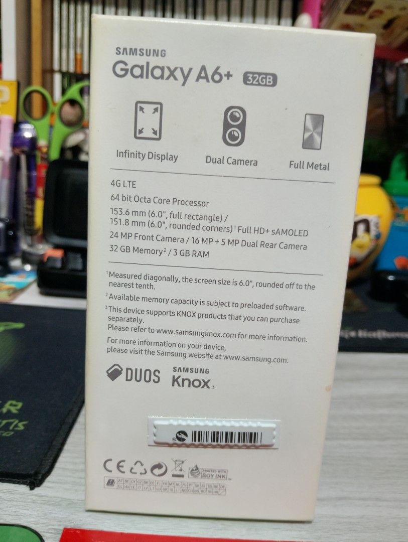 Samsung A6+ (Category: Samsung) located in Manila. Submitted by boyhet.thrift15 (Listing ID 1450997808, Image 2). Description: Samsung A6+ 32gb wit mc 16gb (CIB) slight used item (slight scratch) selling 3k.