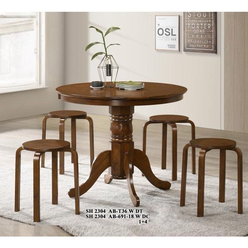 Solid Wood Dining Table Set (Category: Tables & Sets) located in Singapore. Submitted by yoyohk_shop (Listing ID 1451018273, Image 2). Description: Solid Wood Dining Table Set Price: S$269 Material: 100% Solid Wood Specifications: 1 round table with 4 matching solid wood stools, Walnut & Natural two colour options Sizes: Round Table: 90cm Diameter × H75cm Stool: 30cm Diameter × H45cm ## Core selling points 1. Overall dimension for your reference,
