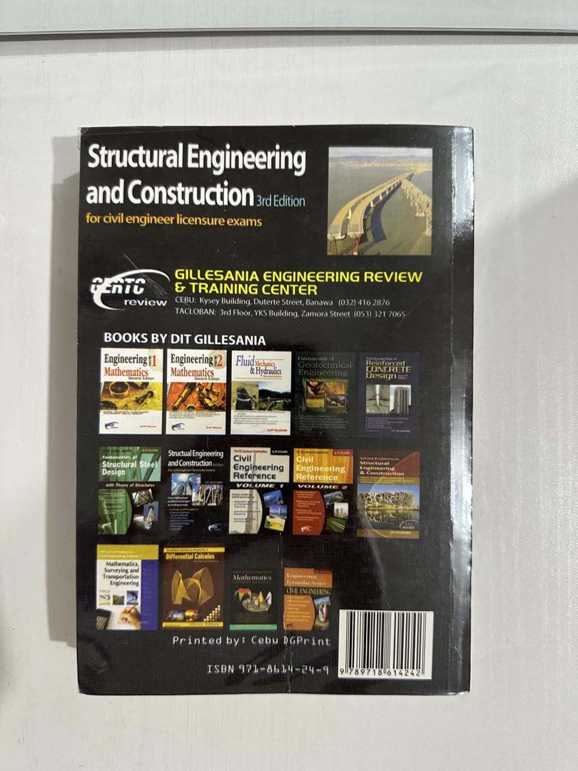 Structural Engineering and Construction 3rd Edition by Dit Gillesania (Category: Textbooks) located in Davao. Submitted by en_cthaul (Listing ID 1451091062, Image 2). Description: - Dit Gillesania's Structural Engineering and Construction 3rd Edition - Perfect for Civil Engineer Licensure Exam preparation - Features over 1000 solved problems, organized by topic - Covers key subjects: Engineering Mechanics, Strength of Materials, Theory of Structu
