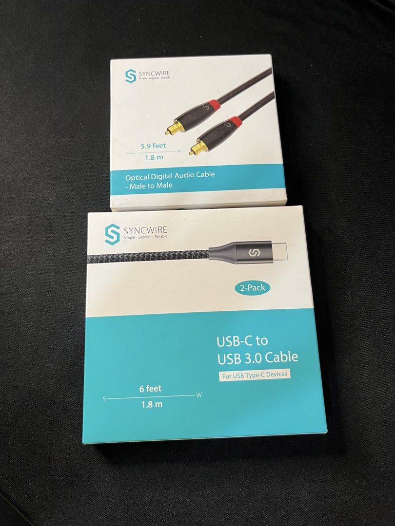 Take 2 SYNCWIRE USB C Cable & Optical Digital Audio Cable (Category: Cables & Adaptors) located in Gapan. Submitted by lunashop14 (Listing ID 1450947222, Image 1). Description: TAKE 2 - Brand: Syncwire - Includes: 1x USB-C to USB 3.0 Cable (2-Pack, 6 feet) and 1x Optical Digital Audio Cable (Male to Male, 5.9 feet) - USB-C Cable Features: USB 3.0 speed, suitable for USB Type-C devices, durable braided nylon exterior, 6 feet length. - Optical Audi
