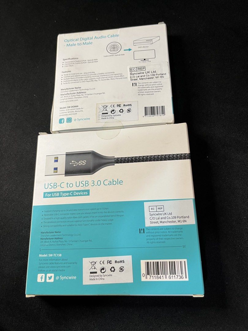 Take 2 SYNCWIRE USB C Cable & Optical Digital Audio Cable (Category: Cables & Adaptors) located in Gapan. Submitted by lunashop14 (Listing ID 1450947222, Image 2). Description: TAKE 2 - Brand: Syncwire - Includes: 1x USB-C to USB 3.0 Cable (2-Pack, 6 feet) and 1x Optical Digital Audio Cable (Male to Male, 5.9 feet) - USB-C Cable Features: USB 3.0 speed, suitable for USB Type-C devices, durable braided nylon exterior, 6 feet length. - Optical Audi