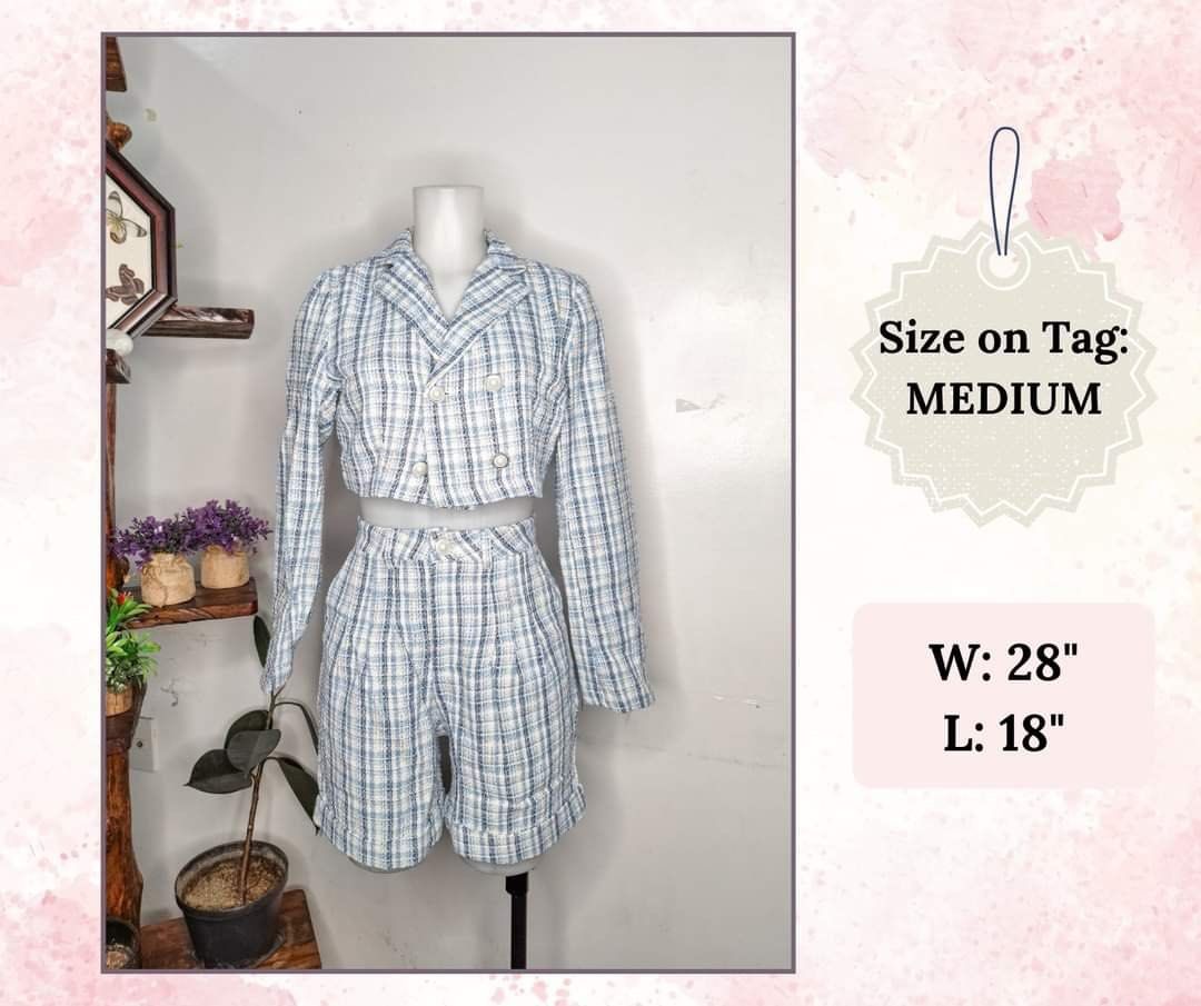 Tweed Cropped Blazer and Shorts Set - Medium (Category: Sets or Coordinates) located in Baguio. Submitted by dresslikedami (Listing ID 1450943478, Image 1). Description: - Cute light blue & white plaid tweed co-ord set - Includes cropped double-breasted blazer - Matching high-waisted shorts with relaxed fit - Effortlessly chic and put-together look.