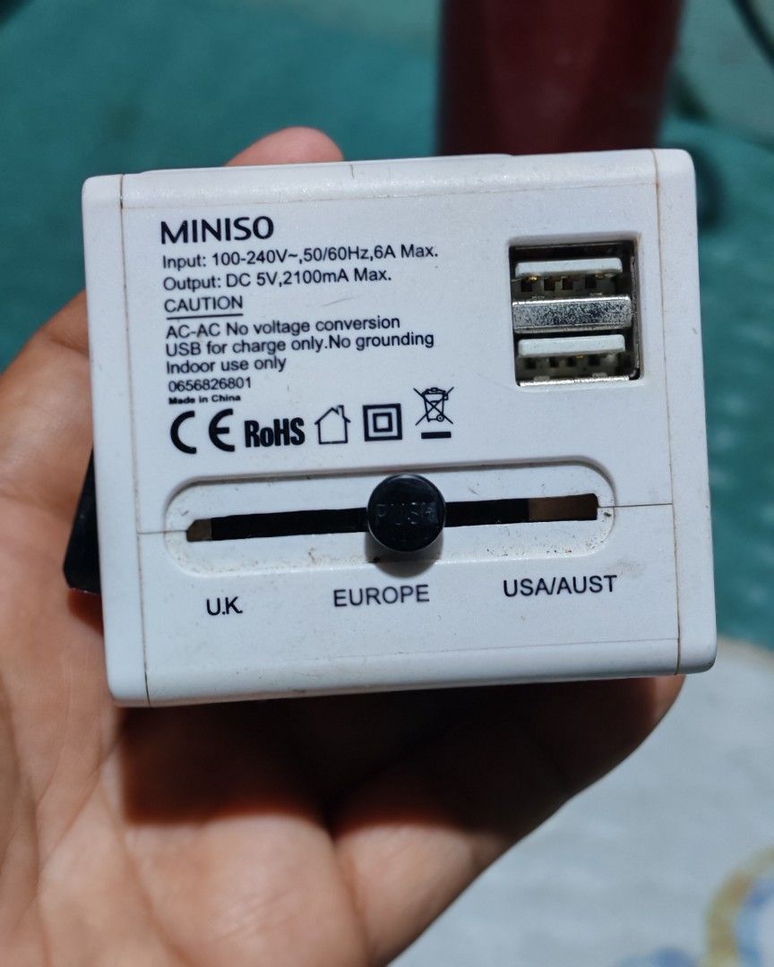 Universal travel adaptor miniso (Category: Chargers) located in Quezon City. Submitted by plantcorner (Listing ID 1451098928, Image 1). Description: Working Na stock lang Loc pasong tamo qc.