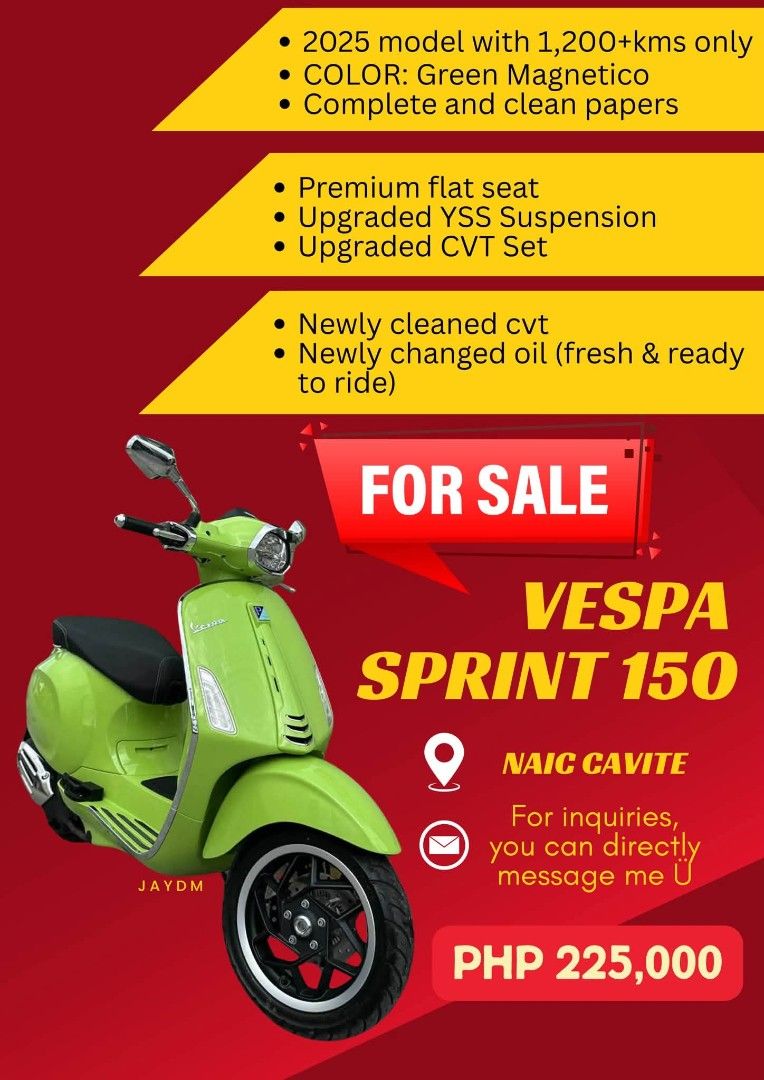 Vespa Sprint 150 Lime Green (Category: Motorbikes for Sale) located in Manila. Submitted by giveitalife (Listing ID 1442808641, Image 1). Description: Very low mileage! 1,200+kms only Flat seat YSS suspension Loc. Naic Cavite.