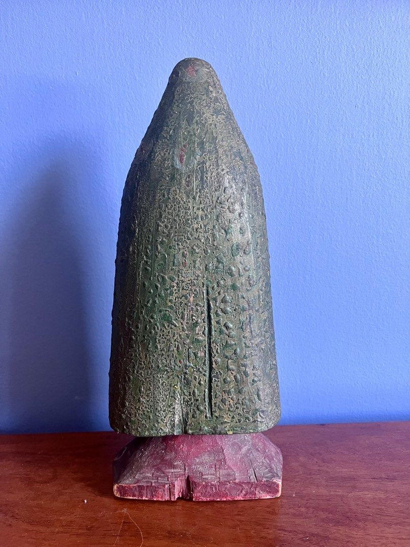 Nuestra Senora de los Remedios (Category: Religious Items) located in Mandaluyong City. Submitted by goodfair (Listing ID 1450973773, Image 2). Description: Our Lady of Remedies vintage carving: A highly collectible devotional carved piece featuring a deeply textured green cape and the clear hand-carved inscription "N S DE REMEDIO" (Nuestra Señora de los Remedios / Our Lady of Remedies) along the flared top rim. Retains prominent red and green po