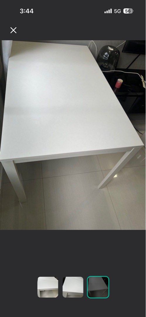 White Rectangular Table (Category: Tables & Sets) located in Singapore. Submitted by KCO22 (Listing ID 1451010582, Image 1). Description: - Simple white rectangular table - Features four sturdy legs for stability - Perfect for dining or as a work desk - Easy-to-clean surface - Fits well in most spaces - Selling due to relocation - 120x 60 sizes .