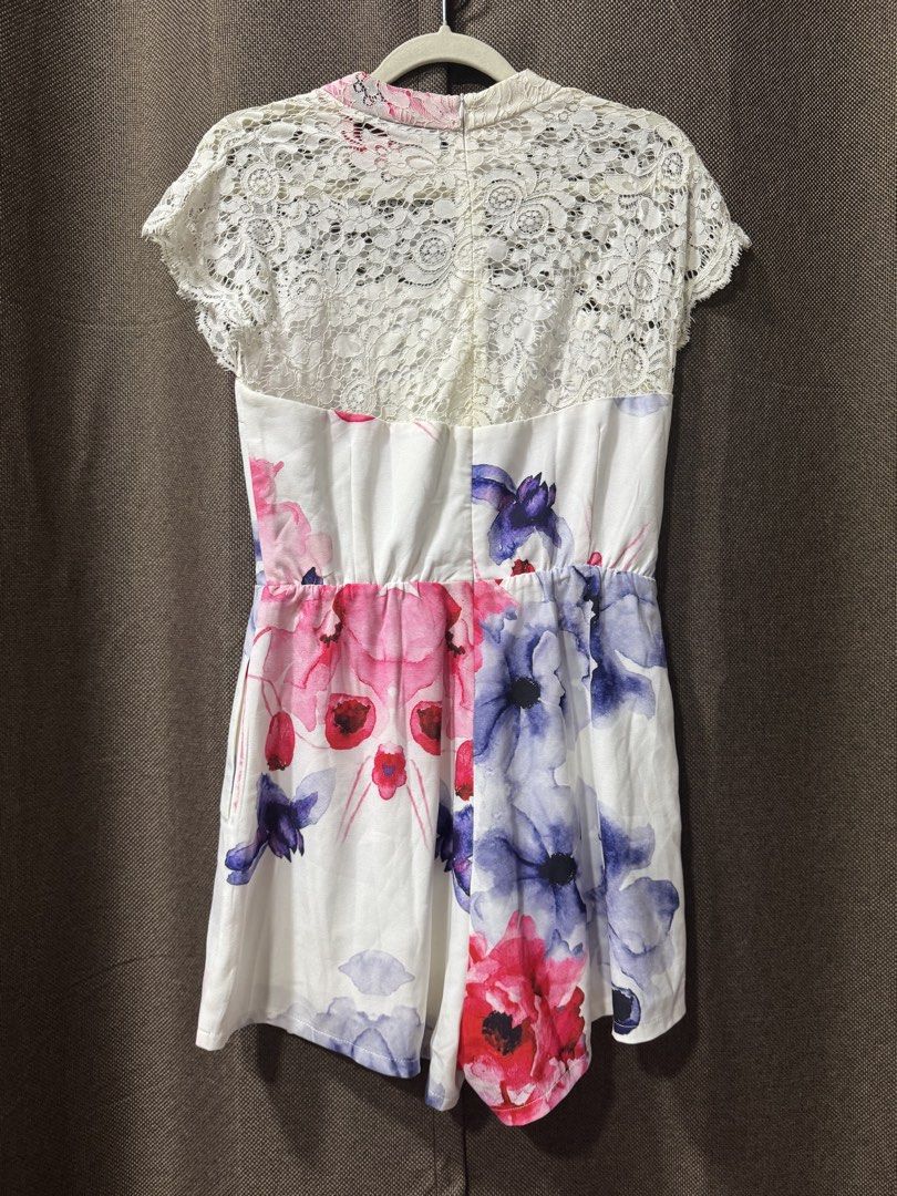 Breastfeeding dress Size M (Category: Rompers) located in Guiguinto. Submitted by thehiddenwardrobe (Listing ID 1451108056, Image 3). Description: - White romper with bold pink and blue floral print - High neckline with white lace overlay - Short lace sleeves - Back zipper closure - Size M - Light blue midi dress from Love Zalora - Features intricate floral lace overlay - Delicate sheer neckline - Beige lining for coverage - breastfeeding dress (