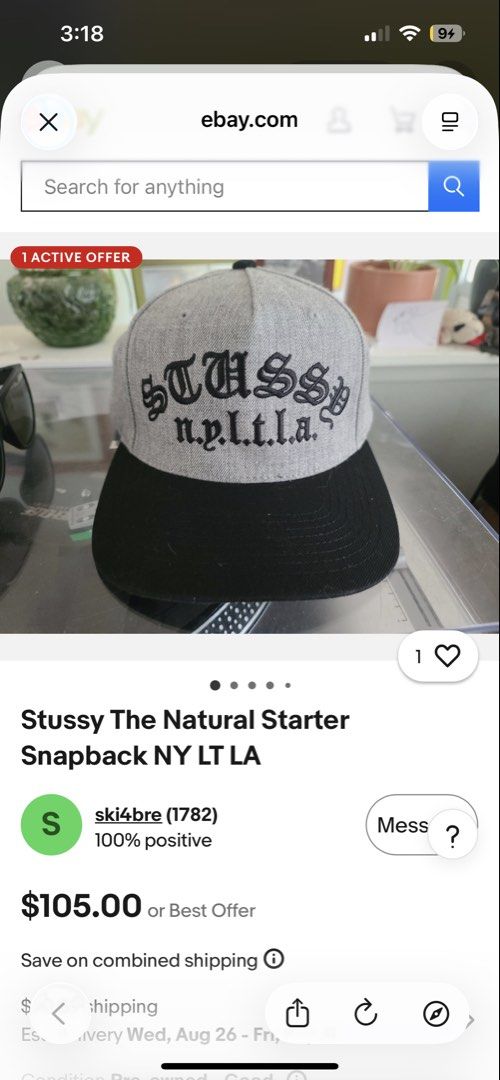 00s Stussy x Starter Snapback Cap NYLTLA (Category: Caps & Hats) located in San Pedro. Submitted by kendrickkiff2023 (Listing ID 1451318038, Image 3). Description: - Vintage Stussy x Starter snapback cap - Grey body with black brim - Features 'STUSSY n.y.l.t.a.' embroidery on the front - Classic 00s streetwear style - Adjustable snapback for a comfortable fit - Perfect for Stussy collectors.
