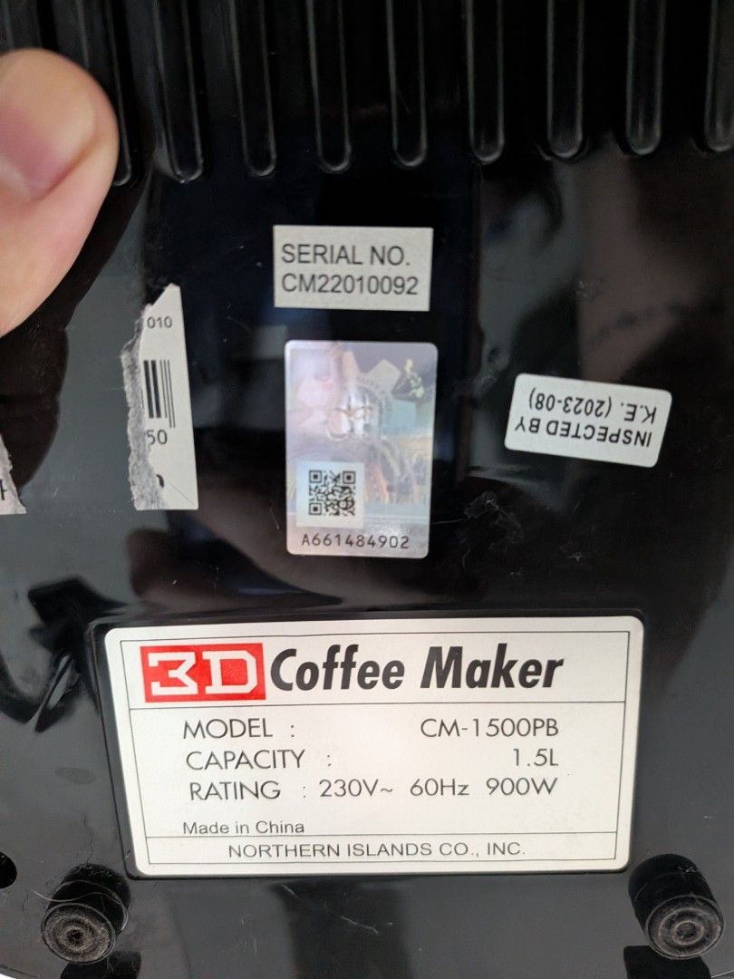 3D Coffee Maker CM-1500PB 1.5L (Category: Coffee Machines & Makers) located in Manila. Submitted by el30. (Listing ID 1451153721, Image 2). Description: - 3D Coffee Maker (Model: CM-1500PB) - Large 1.5L Capacity - Powerful 900W Heating Element - Compatible with 230V~ 60Hz Power Supply - Proudly Made in China - Perfect for your daily coffee ritual! - Feel free to ask any questions!.