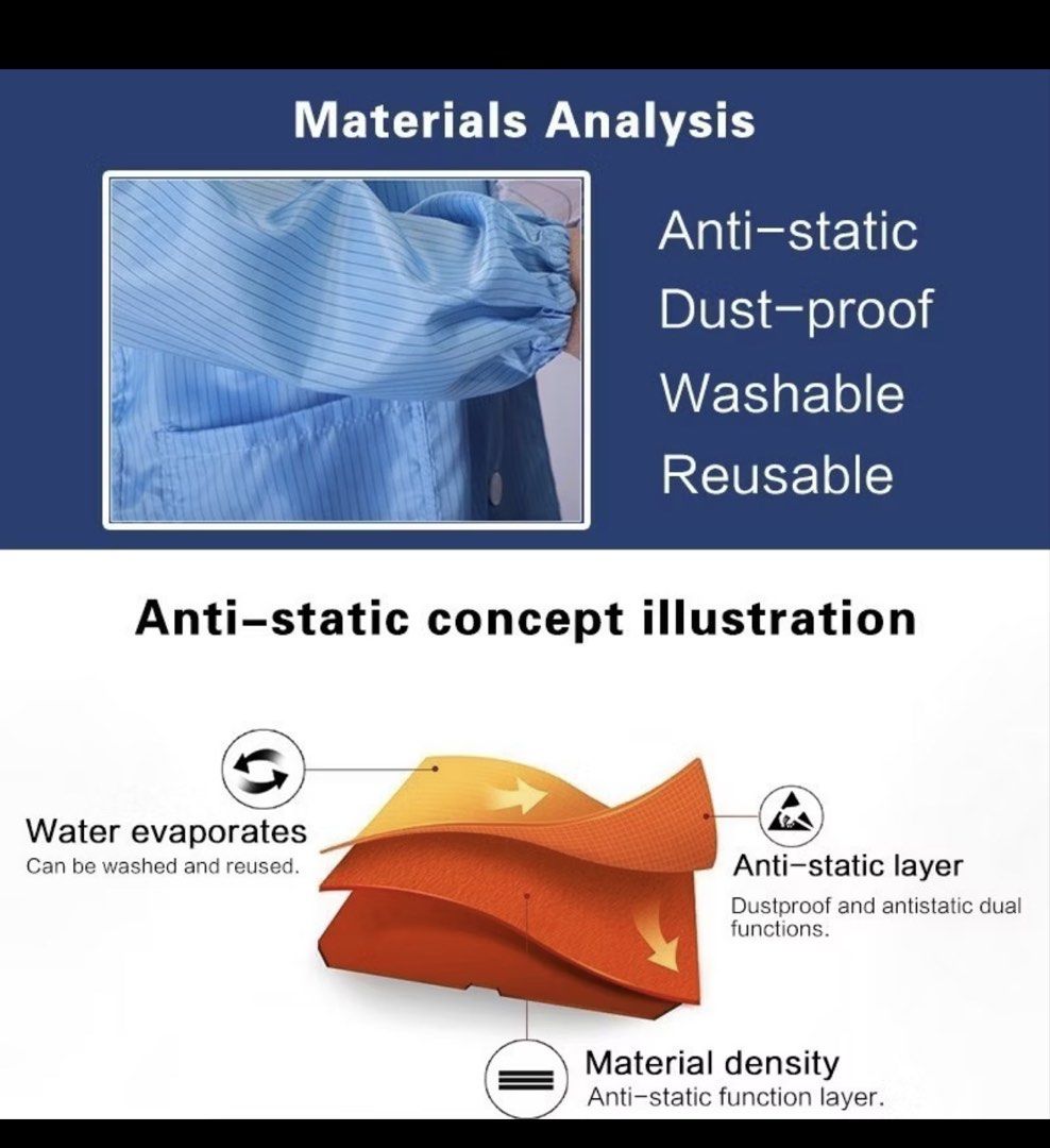 [3pc set] Anti Static ESD Smock Gown Lab Coat (Blue, Large) (Category: Braces, Support & Protection) located in Pasig City. Submitted by mienacing (Listing ID 1451255570, Image 2). Description: - Strictly sold as a set (accidentally bought the wrong type of smock gown 🥲) - Bought on orange app for 169 each - Brand new, never used (only opened 1 to try it on) Item description: - Blue anti-static and dust-proof smock gown - Washable and reusable f