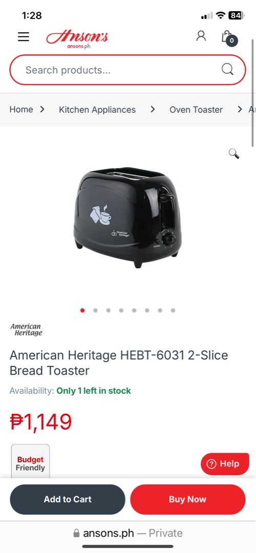 American Heritage Toaster (Category: Ovens & Toasters) located in Quezon City. Submitted by cheerupbby (Listing ID 1451317232, Image 3). Description: American Heritage HEBT-6031 2-Slice Bread Toaster. Gifted but never really used. Tried once to see if it worked, never touched it after that. Clean and great working condition. Location QC. Lalamove or Grab..