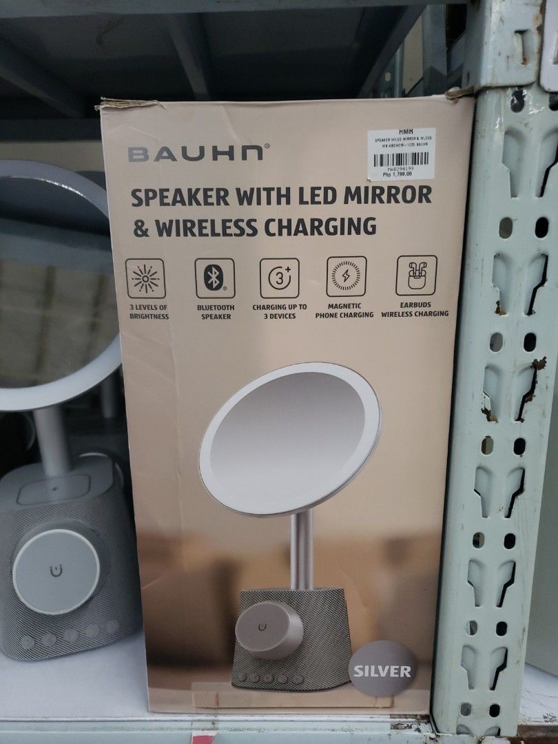BAUHN Speaker with LED Mirror & Wireless Charging - Silver (Category: Mirrors) located in Manila. Submitted by hmr_item (Listing ID 1451244347, Image 1). Description: - BAUHN Speaker with LED Mirror - Wireless Charging Capability - Bluetooth Connectivity - 3 Brightness Levels for Mirror - Magnetic Phone Charging - Ideal for Vanity or Bedside Table - Color available: Silver and Gold Location: Mabalacat, Pampanga .