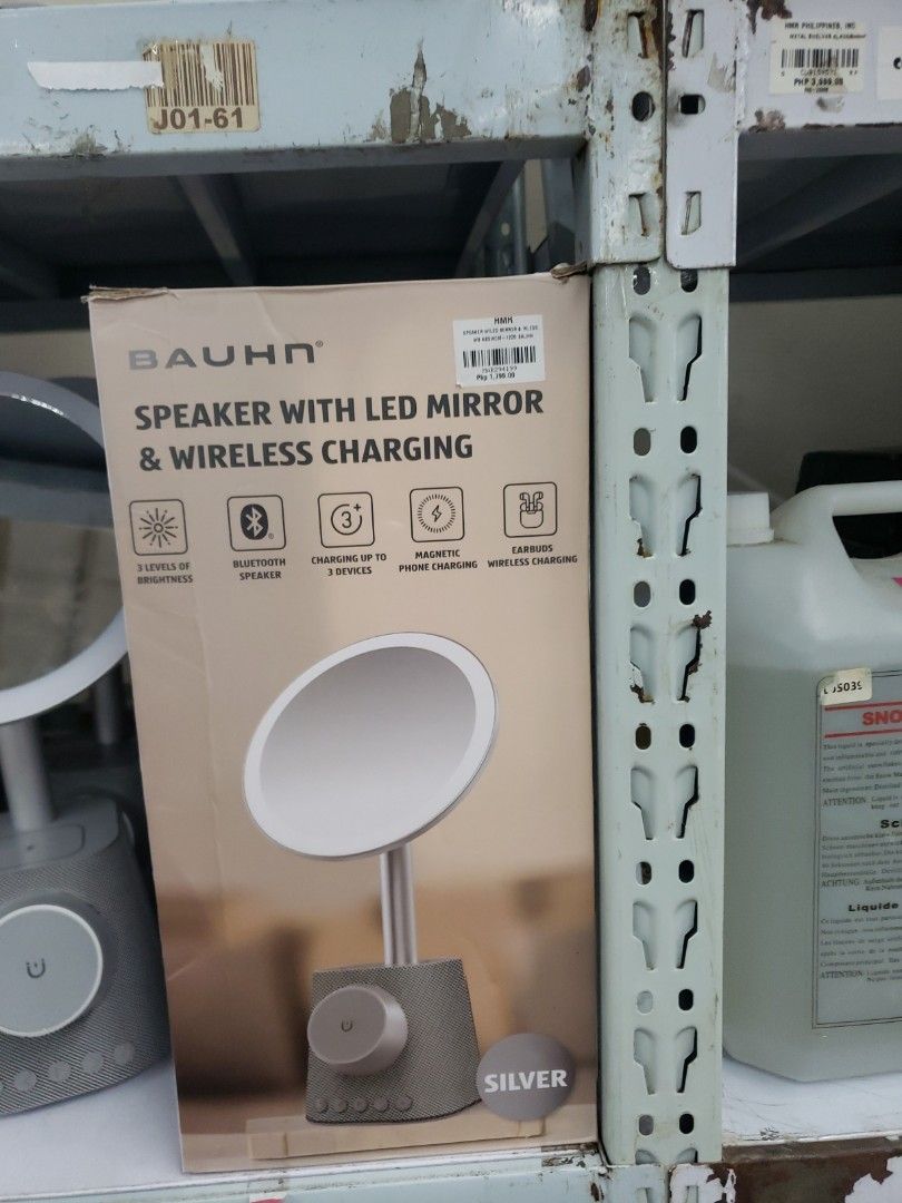 BAUHN Speaker with LED Mirror & Wireless Charging - Silver (Category: Mirrors) located in Manila. Submitted by hmr_item (Listing ID 1451244347, Image 3). Description: - BAUHN Speaker with LED Mirror - Wireless Charging Capability - Bluetooth Connectivity - 3 Brightness Levels for Mirror - Magnetic Phone Charging - Ideal for Vanity or Bedside Table - Color available: Silver and Gold Location: Mabalacat, Pampanga .