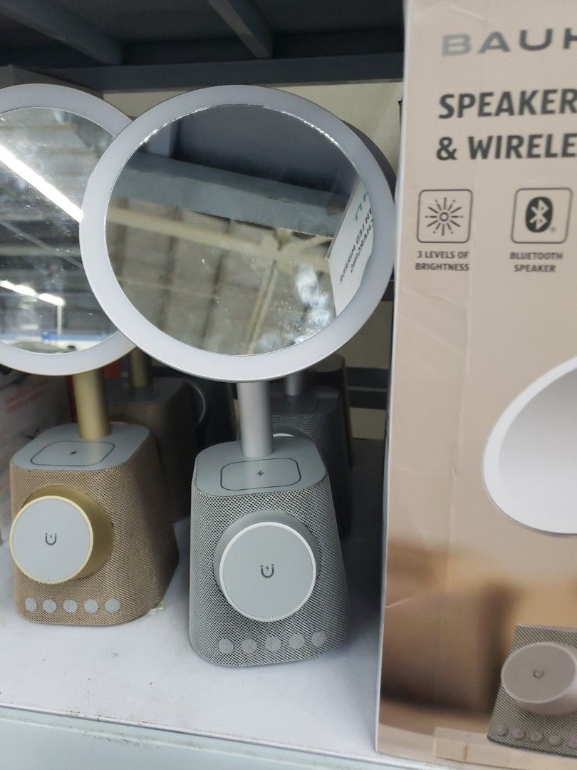 BAUHN Speaker with LED Mirror & Wireless Charging - Silver (Category: Mirrors) located in Manila. Submitted by hmr_item (Listing ID 1451244347, Image 2). Description: - BAUHN Speaker with LED Mirror - Wireless Charging Capability - Bluetooth Connectivity - 3 Brightness Levels for Mirror - Magnetic Phone Charging - Ideal for Vanity or Bedside Table - Color available: Silver and Gold Location: Mabalacat, Pampanga .