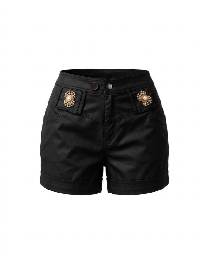Black Elegant Shorts (Category: Shorts) located in San Jose. Submitted by paudrobe (Listing ID 1451132227, Image 1). Description: ⋆౨ৎ˚⟡˖ ✧ Premium-quality fabric ✧ Adjustable waist buttons ✧ Tailored silhouette ✧ Pearl embellished pockets.