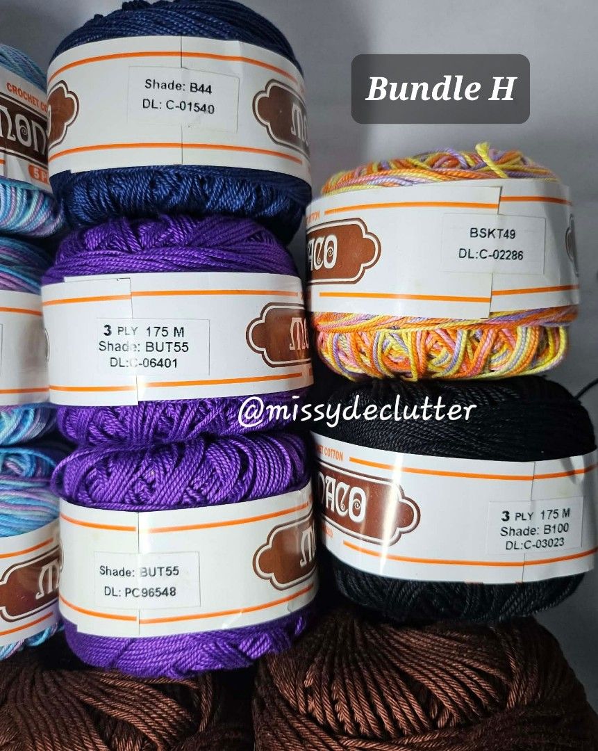 Bundle of monaco cotton yarn (Category: Craft Supplies & Tools) located in Makati City. Submitted by missydeclutter (Listing ID 1451321222, Image 3). Description: Rush sale/quit business/moving out (until July 25 only) !!! Bundle H Monaco mercerized cotton yarn. 14 balls in total. 3 balls - 8-ply in coffee brown 3 balls - 5-ply in grey 3 balls - 5-ply multi-color 2 balls - 3-ply in purple 1 ball - 3-ply multi-color 1 ball - 3-ply in navy blue 1 b