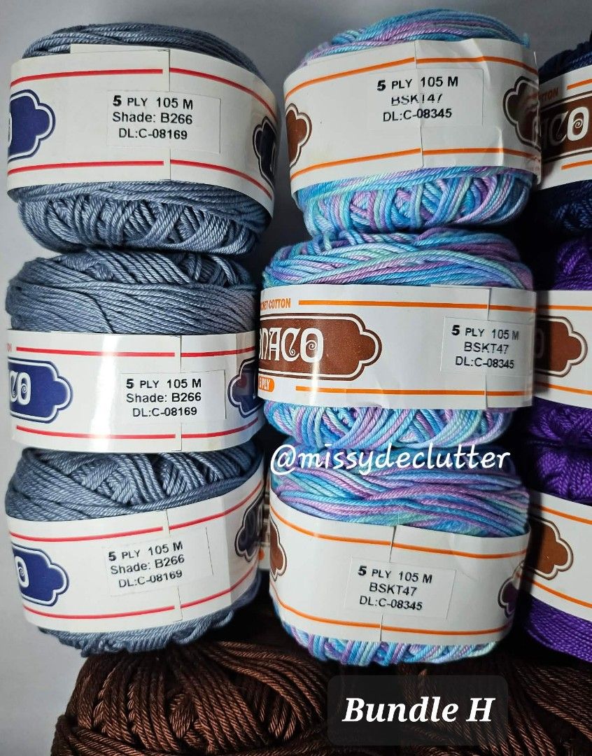 Bundle of monaco cotton yarn (Category: Craft Supplies & Tools) located in Makati City. Submitted by missydeclutter (Listing ID 1451321222, Image 2). Description: Rush sale/quit business/moving out (until July 25 only) !!! Bundle H Monaco mercerized cotton yarn. 14 balls in total. 3 balls - 8-ply in coffee brown 3 balls - 5-ply in grey 3 balls - 5-ply multi-color 2 balls - 3-ply in purple 1 ball - 3-ply multi-color 1 ball - 3-ply in navy blue 1 b