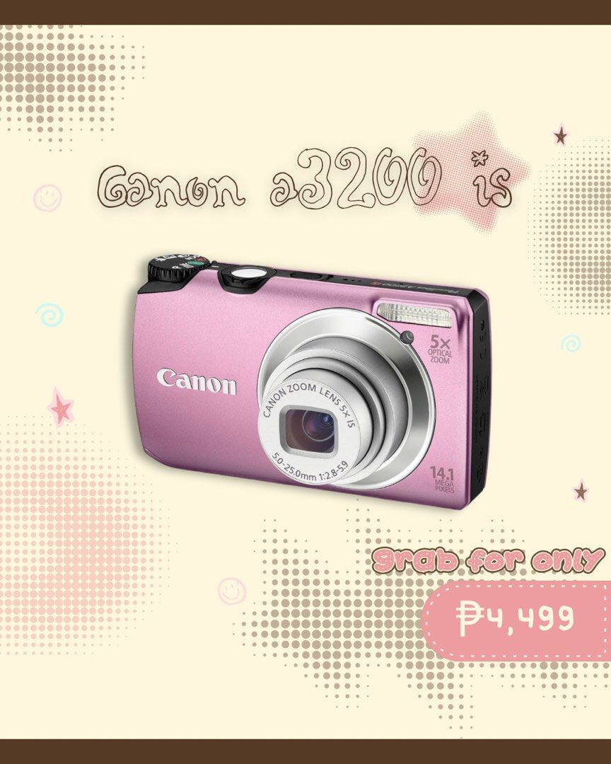 Canon Powershot A3200 IS (Category: Cameras) located in Manila. Submitted by skiyoosmi (Listing ID 1447378556, Image 1). Description: ⩇⩇﹒﹒﹒ canon powershot A3200 is [ baby pink ] ── ・⸝⸝ ⟢ ⸝⸝・ ── ◟ ˃˂﹐ 🥨 details 🍰 flash, zoom & all buttons working 🍰 body cosmetic 8.5/10 🍰 14.1 mp ccd sensor optical image stabilization, 5x optical zoom 🍰 720p HD video resolution ◟ ˃˂﹐🍡﹒ honest issue ﹒﹒ has lcd burn but does not affect output. left button is a