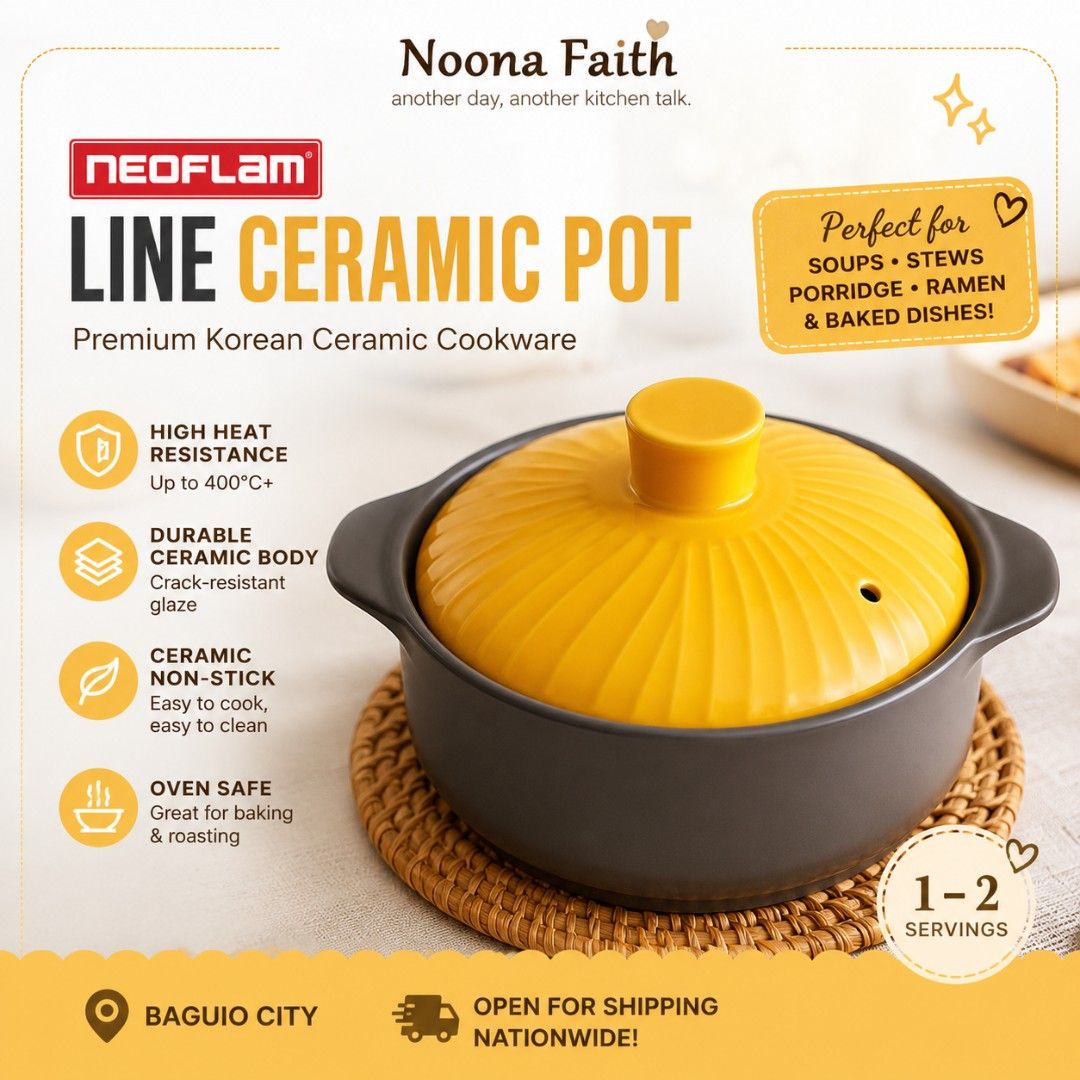 Ceramic pot Neoflam Korea Stovetop and baking pit (Category: Cookware & Accessories) located in Baguio. Submitted by noona_faith (Listing ID 1451241562, Image 1). Description: Genuine Neoflam cookware from Korea, complete with original box. Details: - Brand: Neoflam ("Bringing Kitchens to Life") - Collection: Line Ceramic Pot, Small size - 5inches width by 2inches height - Material: Ceramic non-stick coating, made from natural materials - Stoveto