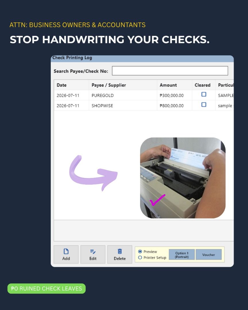 Pixel-Perfect Check Printing System (Auto-Convert Numbers to Words) (Category: Software) located in Manila. Submitted by charlesjonaschu0610 (Listing ID 1451132064, Image 1). Description: Are you still wasting valuable hours manually writing corporate checks, fixing alignment errors, and digging through paper stacks for audits? It is time to upgrade your financial workflow.Our professional Check Printing Software eliminates human error, streamlin