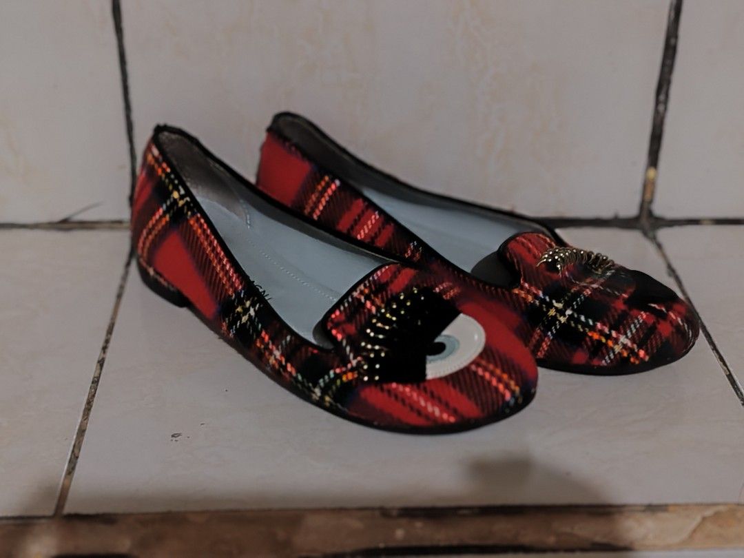 Chiara Ferragni Red Plaid Eye Flats (Category: Flats & Sandals) located in Pasig City. Submitted by geraldnee28280 (Listing ID 1451295247, Image 2). Description: - Upgraded Soles with High Quality Toppy Brand Rubber - No Box / in very good condition - Eye-catching red plaid flats - Iconic Chiara Ferragni eye design - Comfortable slip-on flat sole - Bold and personality-filled tartan pattern - Features Chiara Ferragni logo on the interior.
