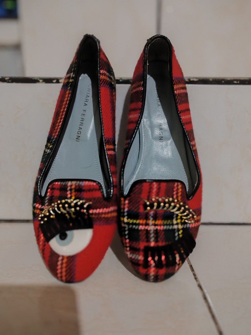 Chiara Ferragni Red Plaid Eye Flats (Category: Flats & Sandals) located in Pasig City. Submitted by geraldnee28280 (Listing ID 1451295247, Image 1). Description: - Upgraded Soles with High Quality Toppy Brand Rubber - No Box / in very good condition - Eye-catching red plaid flats - Iconic Chiara Ferragni eye design - Comfortable slip-on flat sole - Bold and personality-filled tartan pattern - Features Chiara Ferragni logo on the interior.