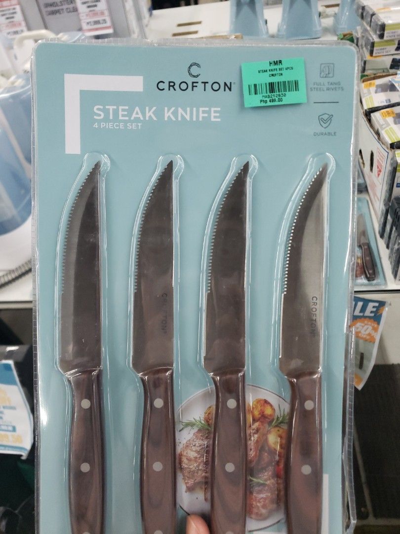 Crofton Steak Knife 4 Piece Set (Category: Knives & Chopping Boards) located in Manila. Submitted by hmr_item (Listing ID 1451205792, Image 3). Description: - Set of 4 Crofton steak knives - Serrated edges for effortless cutting - Features dark brown handles with stylish silver rivets - Ideal for BBQs and dinner parties.