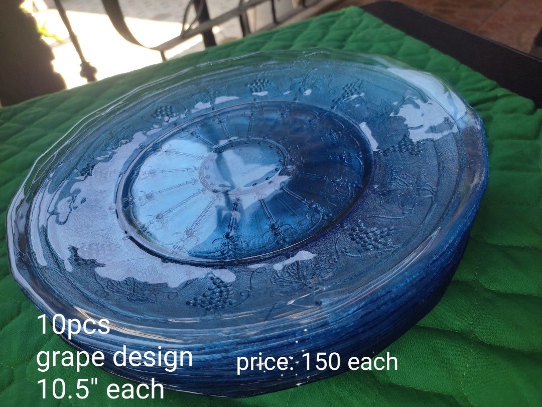 Crystal plates/bowls (Category: Dinnerware & Cutlery) located in Manila. Submitted by margeventa (Listing ID 1451162492, Image 1). Description: blue crystal plates grape design 10.5" 150 each(10pcs) thick crytal bowl with blue hues 150 each frosted set bowls take all 600 * buyer shoulders sf Location:CAINTA.