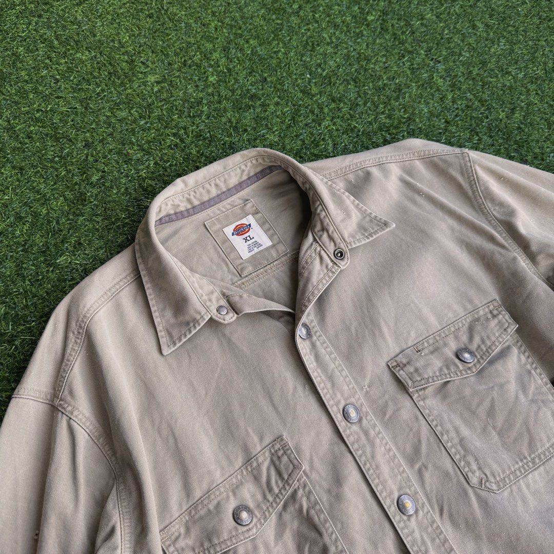 DICKIES | Vintage Work Shirt Jacket - Khaki (Category: Coats, Jackets and Outerwear) located in Manila. Submitted by dylbobaggins (Listing ID 1451202831, Image 2). Description: Bought Second Hand from Vietnam 🇻🇳 ✅ Size XL (According to the tag) ✅ Made in Mexico ✅ 100% Cotton ✅ Snap Button Closure ❌ Multiple Small Holes (Sleeves) ❌ Last 2 Snap buttons missing (See pics for details) 🚩 Condition - 6.5/10 🚩 Color - 8.5/10 Measurements: 📍 CHEST -