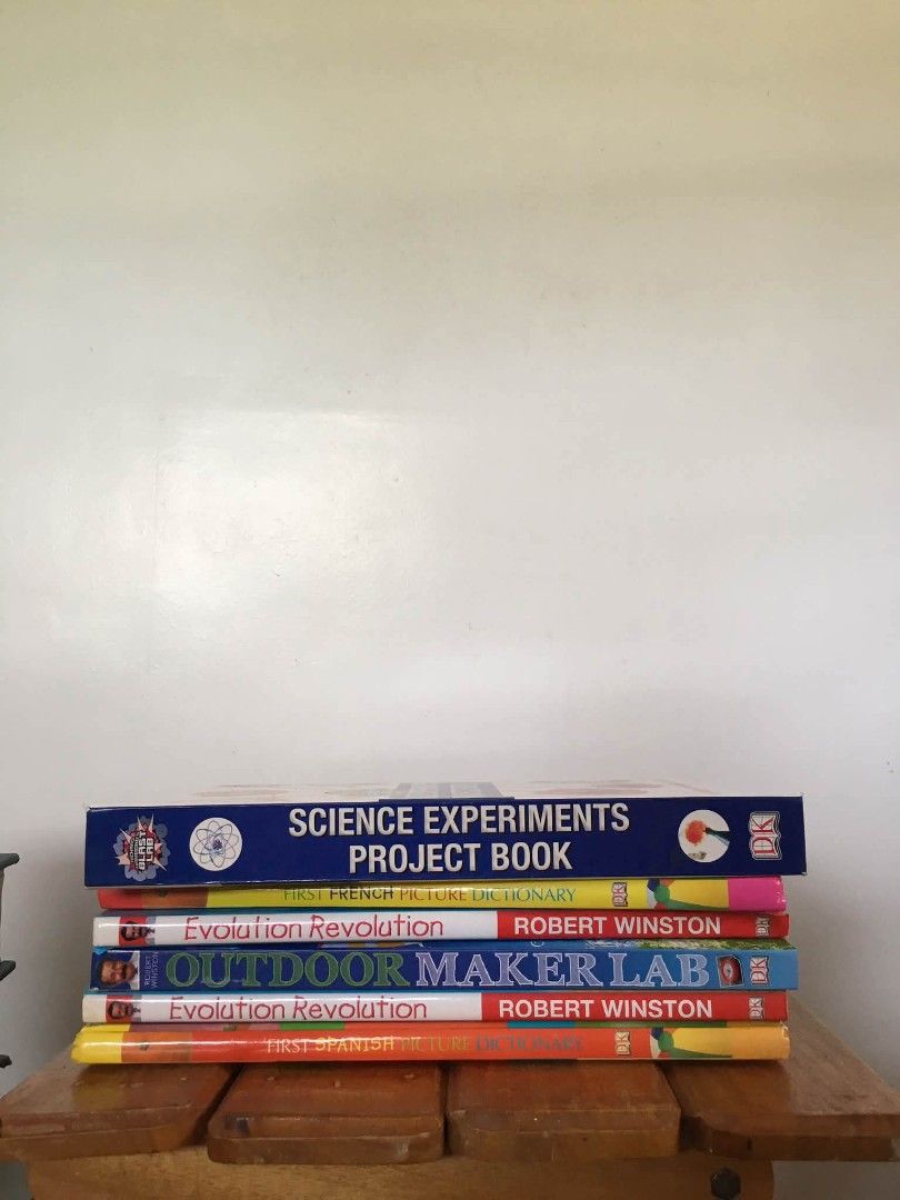 DK Science & French Books: Evolution Revolution, Maker Lab, French Dictionary (Category: Children's Books) located in Manila. Submitted by benjchpages (Listing ID 1451135087, Image 1). Description: science - 170 french - 100 no dj evolution - 110 tear sa dj maker lab - 120 no dj evolution - 100 no fj first spanish - 100 no dj - Bundle of 4 DK children's books - Includes: Science Experiments Project Book, Evolution Revolution, Outdoor Maker Lab, a