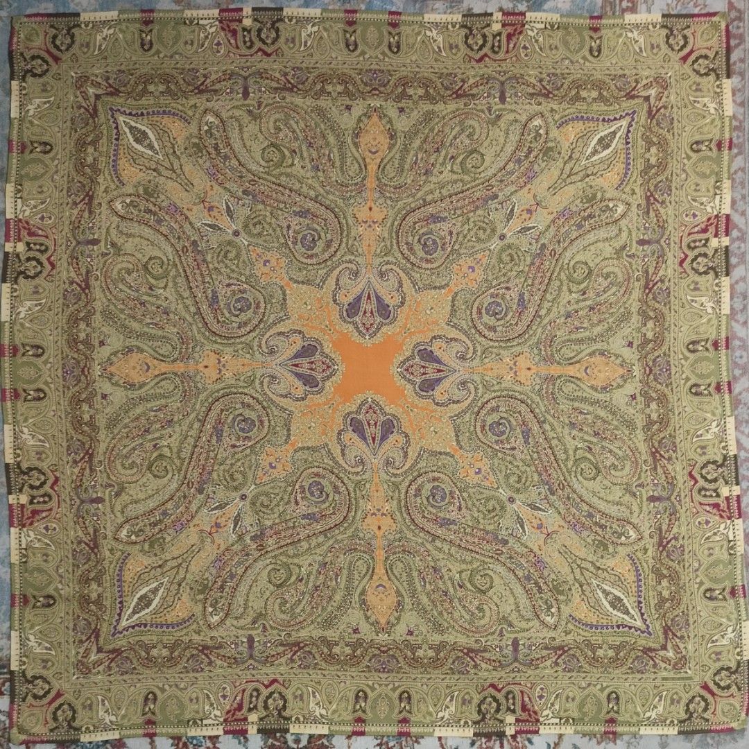 ETRO Paisley Print Scarf (Category: Scarves) located in Kuala Lumpur. Submitted by hasamdins_sukathrift_shop (Listing ID 1451291108, Image 1). Description: Size: Approx 53 inches square Material: 70% Wool + 30% Silk Condition: 0.5 inch of loose hem as per the last slide. The fabric is like new..