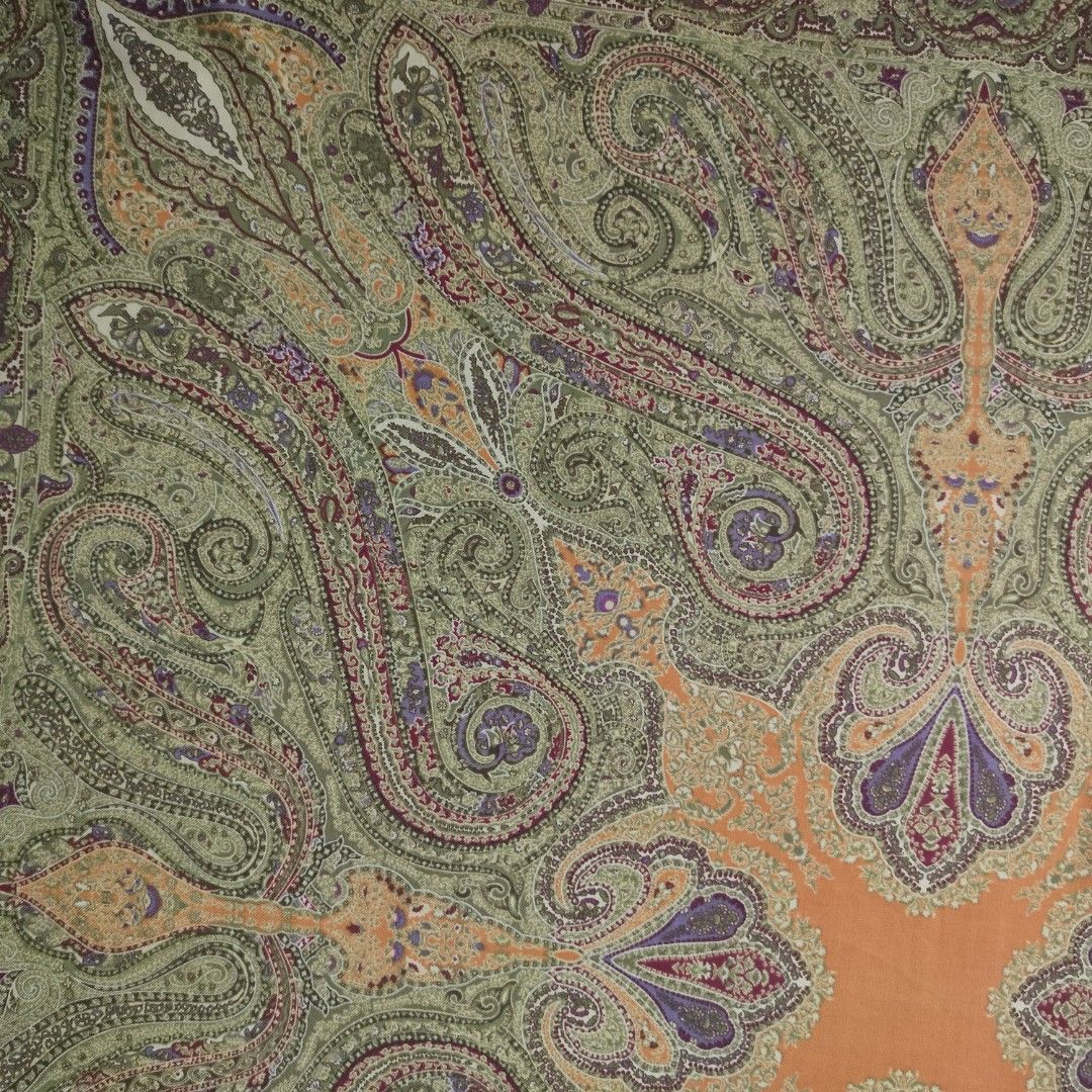ETRO Paisley Print Scarf (Category: Scarves) located in Kuala Lumpur. Submitted by hasamdins_sukathrift_shop (Listing ID 1451291108, Image 2). Description: Size: Approx 53 inches square Material: 70% Wool + 30% Silk Condition: 0.5 inch of loose hem as per the last slide. The fabric is like new..