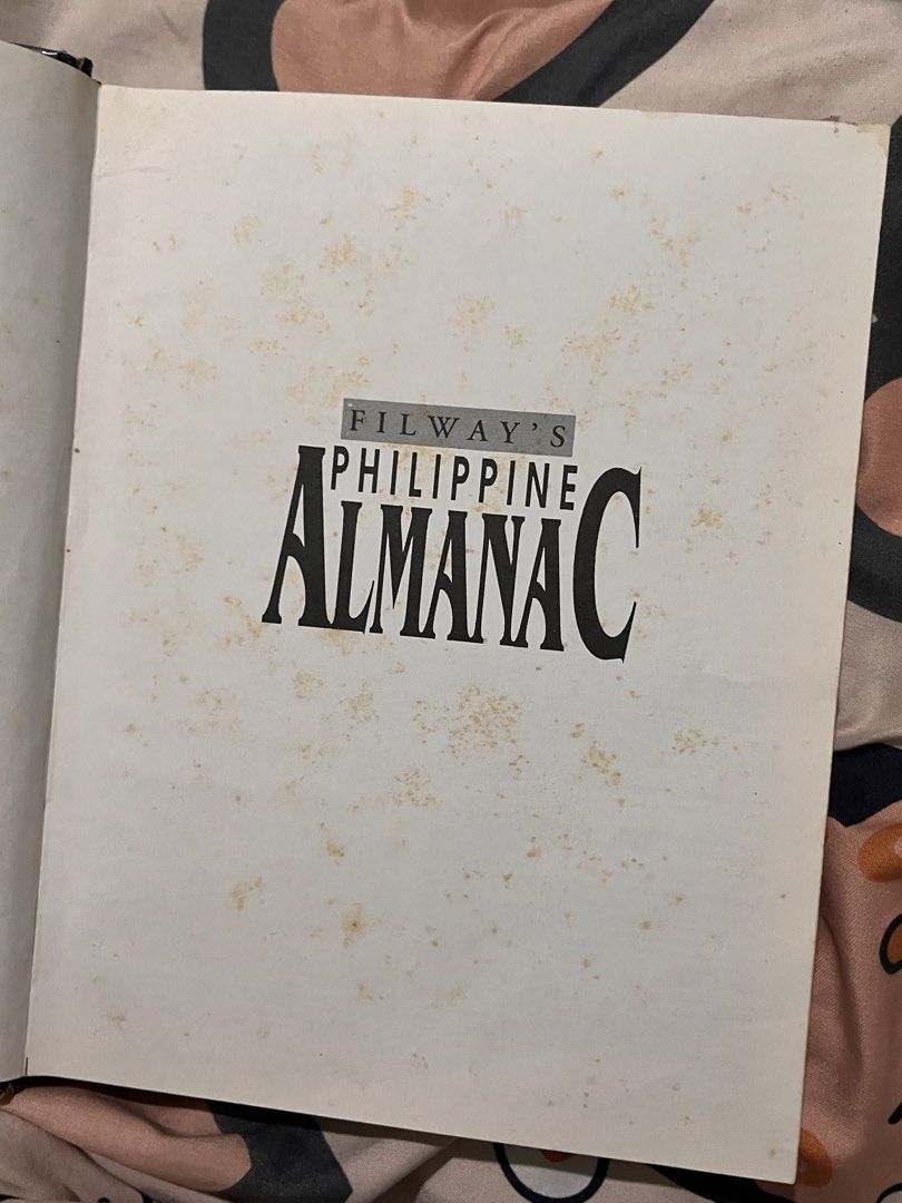 Filway's Philippine Almanac Book (Category: Textbooks) located in Manila. Submitted by warmmoon-c12dc1 (Listing ID 1451221318, Image 2). Description: - Filway's Philippine Almanac - Covers January to June - Some pages have yellowing and stains - Writing present on the cover and spine - Please check photos for detailed condition.