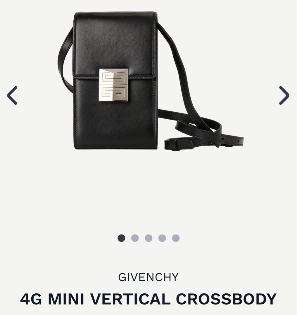 Givenchy 4G Mini Vertical Crossbody Bag Black Leather (Category: Luxury Bags & Wallets) located in Manila. Submitted by paulineeguzman2 (Listing ID 1451258982, Image 1). Description: - Authentic Givenchy 4G Mini Vertical Crossbody bag - Color: Black leather - Hardware: Silver - Includes: Dust bag - Features: Adjustable strap - Ideal for: Carrying essentials.