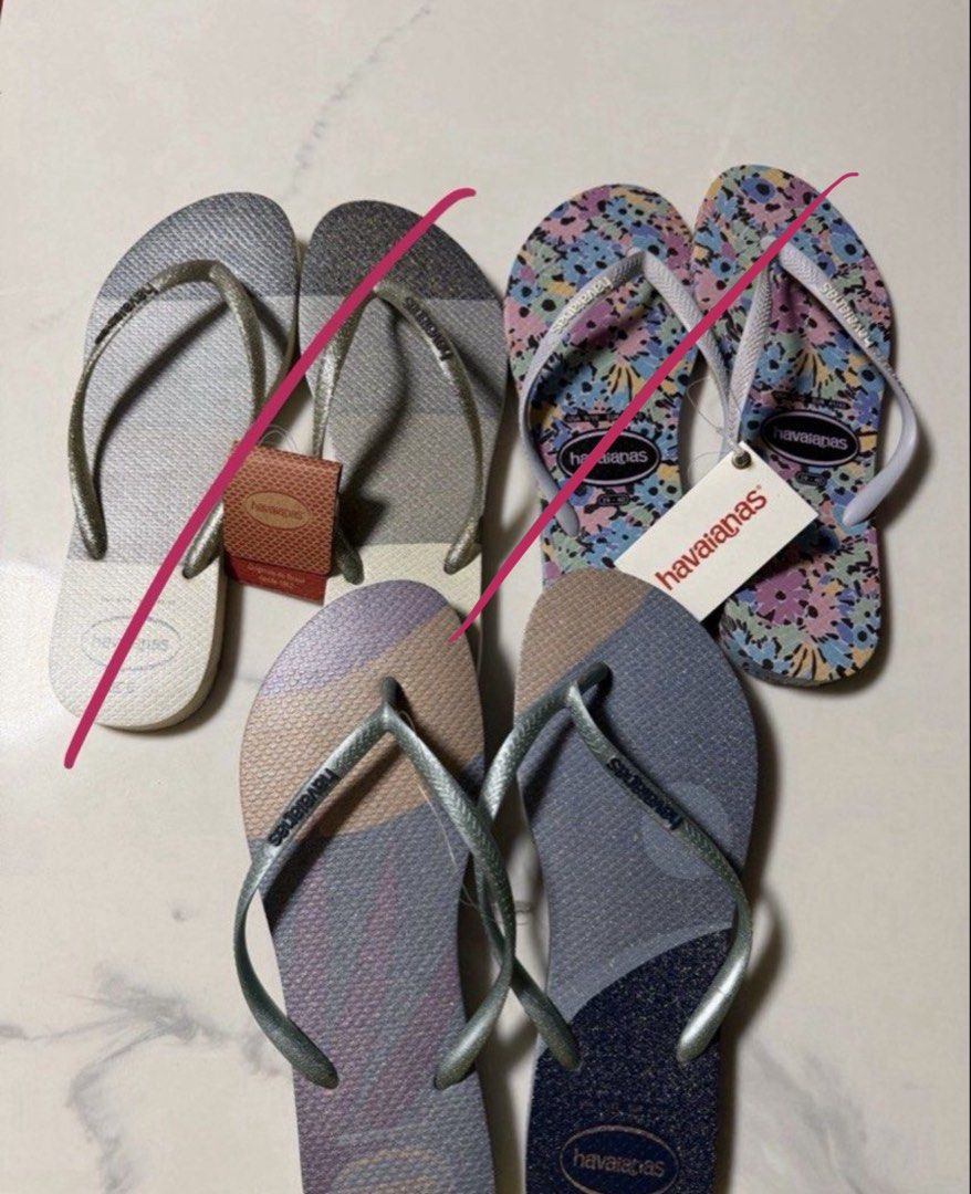 Havaianas Flip-Flops Female Ladies Skinny - Various Sizes & Colors Purple Silver Flowers (Category: Flipflops and Slides) located in Singapore. Submitted by leakystandards (Listing ID 1428227161, Image 1). Description: Flowers 39/40 [SOLD] Silver 41/42 Purple 43/44.