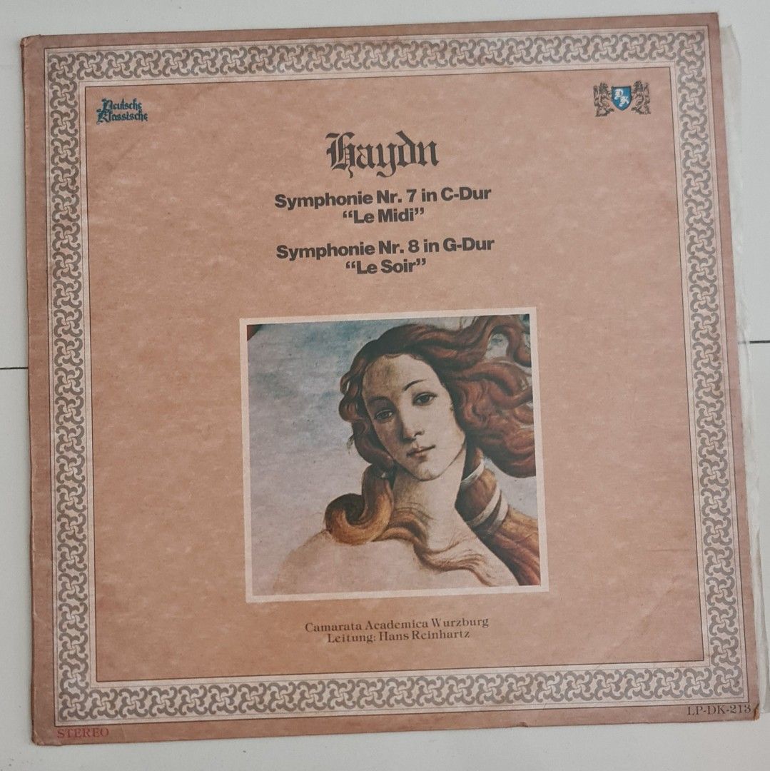 Haydn Symphonies Nr. 7 & 8 Vinyl Record (Category: Vinyls) located in Manila. Submitted by eithne128 (Listing ID 1451170579, Image 1). Description: - Classical Music Vinyl Record - Features Haydn Symphonies Nr. 7 "Le Midi" and Nr. 8 "Le Soir" - Performed by Camerata Academica Würzburg - Conducted by Hans Reinartz - Perfect addition to your music collection.