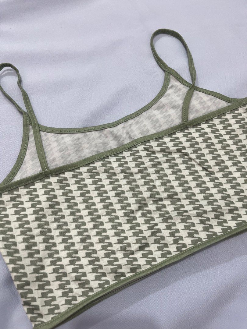 Houndstooth Pattern Crop Top with Spaghetti Straps (Category: Sleeveless) located in Las Pinas. Submitted by _potatoee (Listing ID 1451281735, Image 3). Description: Cute houndstooth pattern crop top. Cream and olive green colors. Spaghetti straps for a comfy fit..